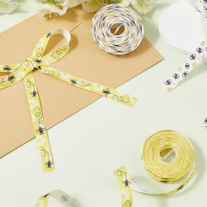 2 Rolls 10 Yards Yellow White Bumble Bee Ribbon Floral Pattern Printed Grosgrain Trim Decorative Spring Summer Fabric Ribbons for Sewing Making Party Decor Bow Gift Wrapping Diy Craft Supply