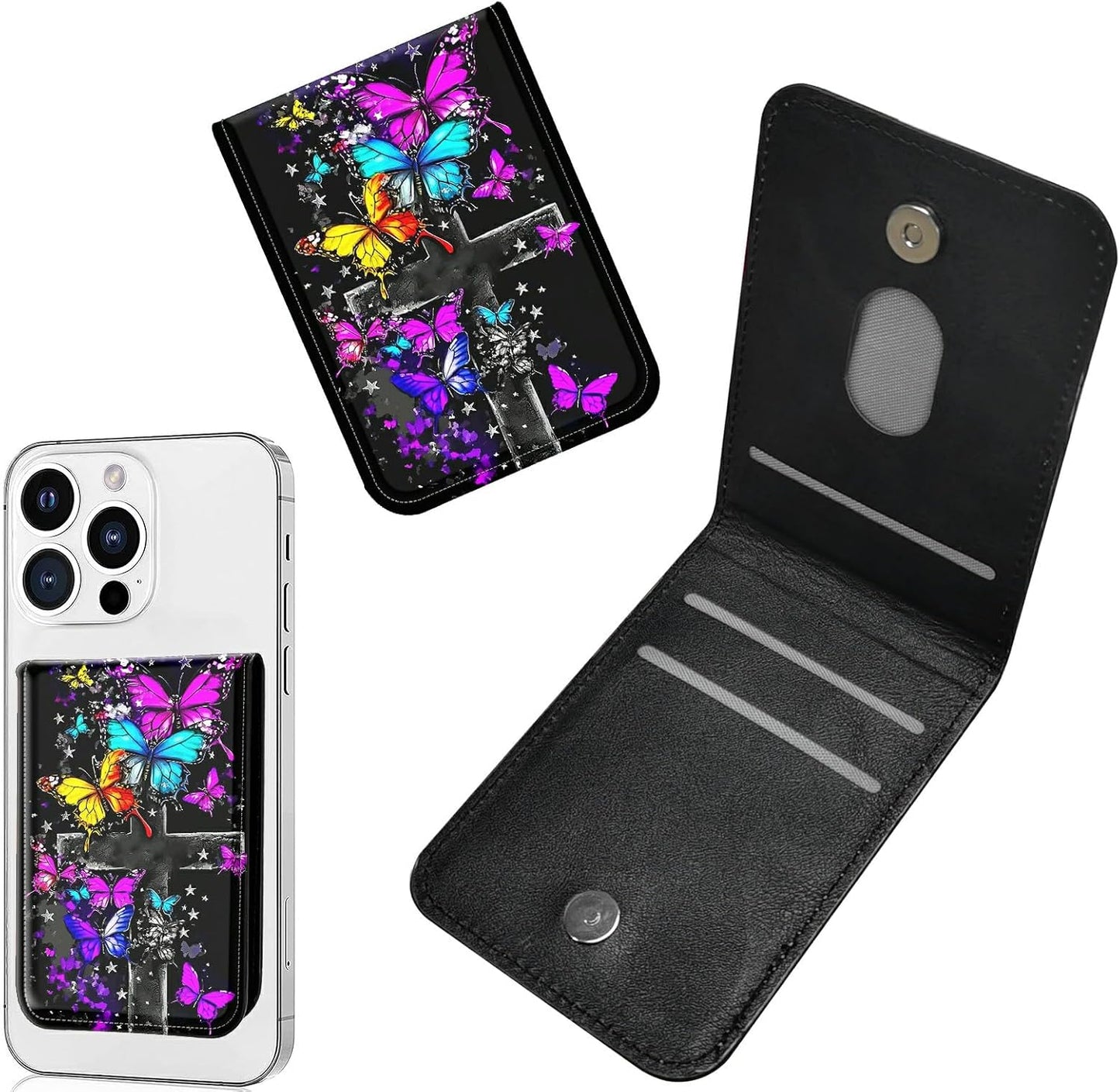 1 Pcs Phone Wallet Stick on, Cell Phone Card Holder Pocket for Back of Phone with PU Leather Design, Credit Card ID Holder Sleeves Sticker for Smartphone Case, Purple Blue Yellow Butterfly