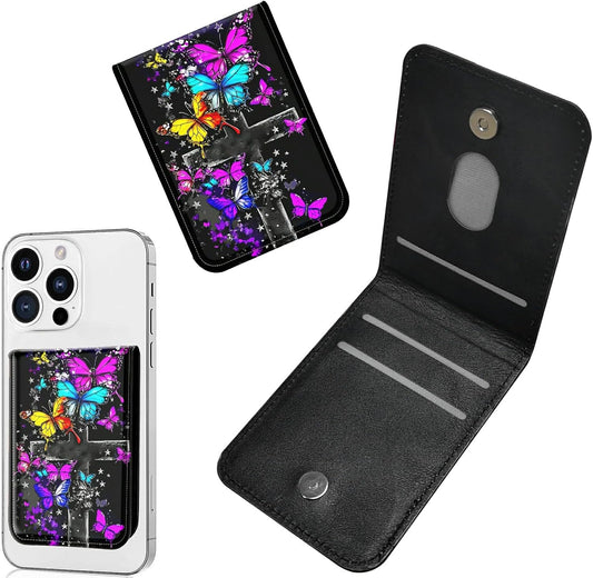 1 Pcs Phone Wallet Stick on, Cell Phone Card Holder Pocket for Back of Phone with PU Leather Design, Credit Card ID Holder Sleeves Sticker for Smartphone Case, Purple Blue Yellow Butterfly