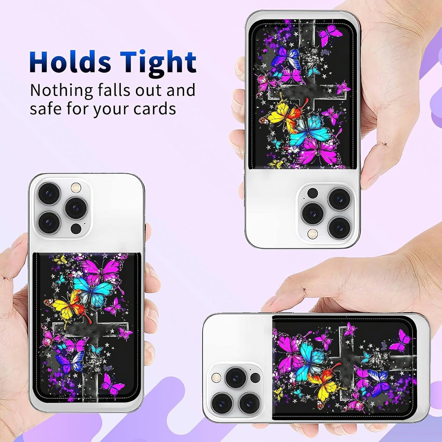 1 Pcs Phone Wallet Stick on, Cell Phone Card Holder Pocket for Back of Phone with PU Leather Design, Credit Card ID Holder Sleeves Sticker for Smartphone Case, Purple Blue Yellow Butterfly