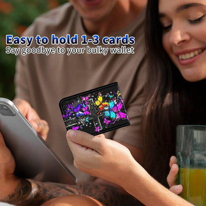 1 Pcs Phone Wallet Stick on, Cell Phone Card Holder Pocket for Back of Phone with PU Leather Design, Credit Card ID Holder Sleeves Sticker for Smartphone Case, Purple Blue Yellow Butterfly