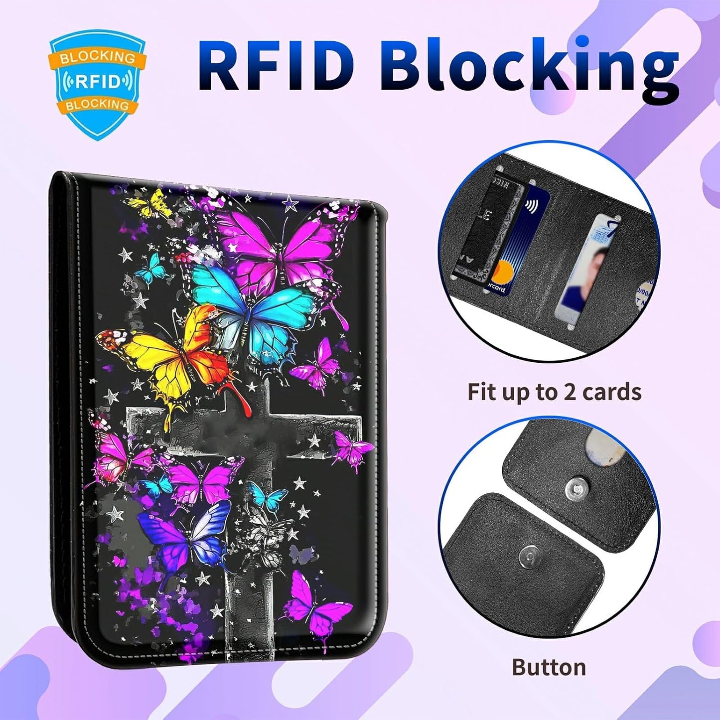 1 Pcs Phone Wallet Stick on, Cell Phone Card Holder Pocket for Back of Phone with PU Leather Design, Credit Card ID Holder Sleeves Sticker for Smartphone Case, Purple Blue Yellow Butterfly