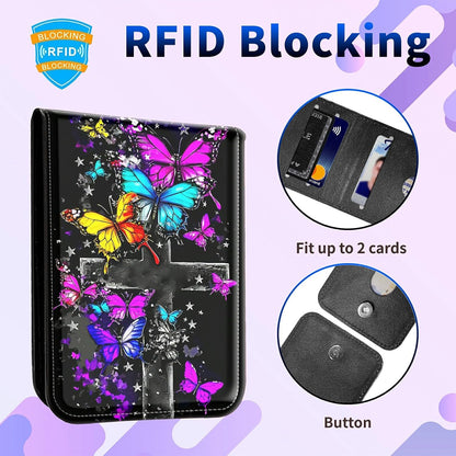 1 Pcs Phone Wallet Stick on, Cell Phone Card Holder Pocket for Back of Phone with PU Leather Design, Credit Card ID Holder Sleeves Sticker for Smartphone Case, Purple Blue Yellow Butterfly
