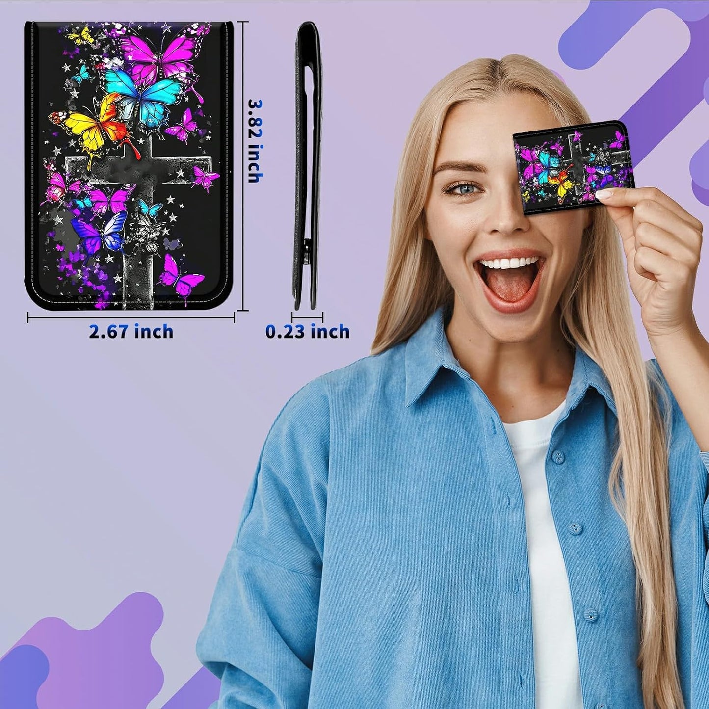 1 Pcs Phone Wallet Stick on, Cell Phone Card Holder Pocket for Back of Phone with PU Leather Design, Credit Card ID Holder Sleeves Sticker for Smartphone Case, Purple Blue Yellow Butterfly