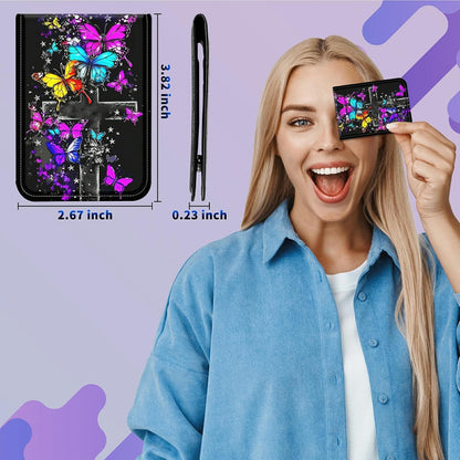 1 Pcs Phone Wallet Stick on, Cell Phone Card Holder Pocket for Back of Phone with PU Leather Design, Credit Card ID Holder Sleeves Sticker for Smartphone Case, Purple Blue Yellow Butterfly