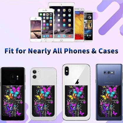 1 Pcs Phone Wallet Stick on, Cell Phone Card Holder Pocket for Back of Phone with PU Leather Design, Credit Card ID Holder Sleeves Sticker for Smartphone Case, Purple Blue Yellow Butterfly