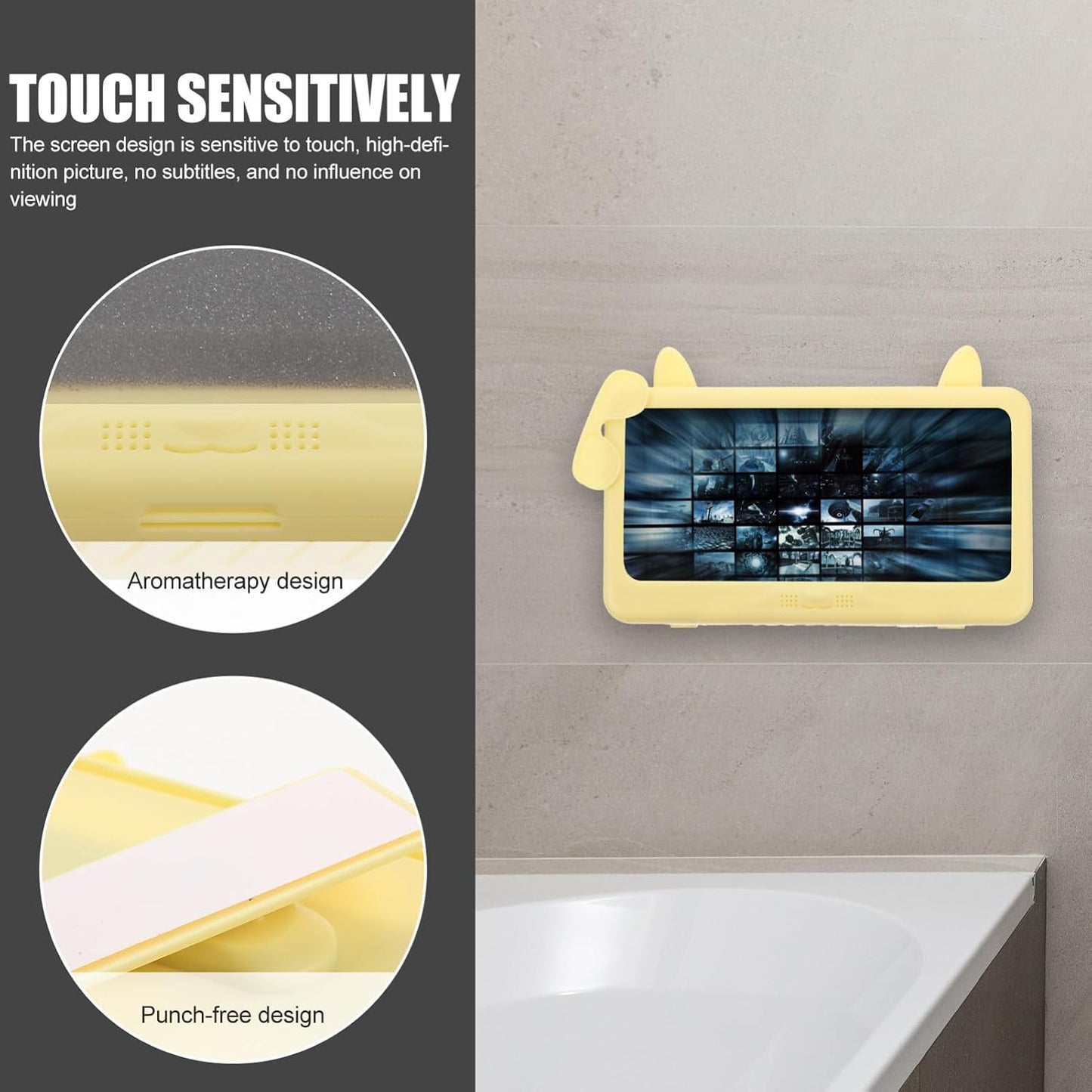 Waterproof Wall Mounted Phone Case with Touch Screen Detachable Shower Phone Holder for Bathroom Anti-Fog Yellow Protector Suitable for Toilet Use
