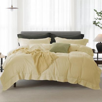 California King Duvet Cover - 3 Piece 100% Washed Cotton Linen Feel Bedding Set, All Season Breathable Cozy, Double Stitched Hem, Hemmed Pale Yellow,104"x98"