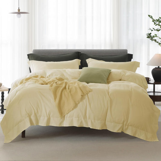California King Duvet Cover - 3 Piece 100% Washed Cotton Linen Feel Bedding Set, All Season Breathable Cozy, Double Stitched Hem, Hemmed Pale Yellow,104"x98"
