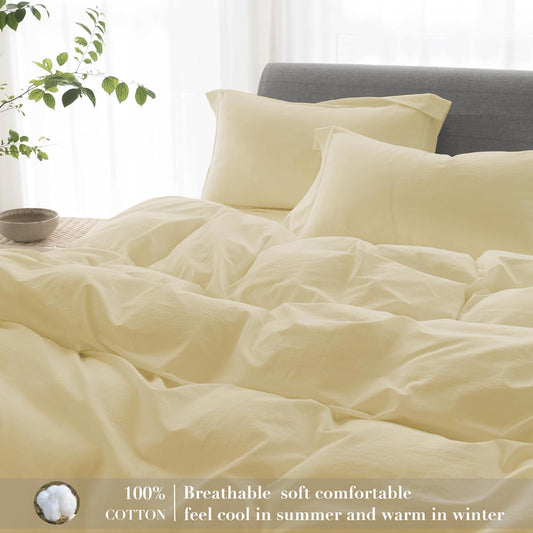 California King Duvet Cover - 3 Piece 100% Washed Cotton Linen Feel Bedding Set, All Season Breathable Cozy, Double Stitched Hem, Hemmed Pale Yellow,104"x98"