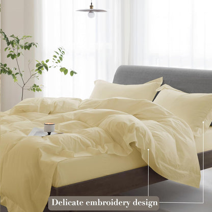 California King Duvet Cover - 3 Piece 100% Washed Cotton Linen Feel Bedding Set, All Season Breathable Cozy, Double Stitched Hem, Hemmed Pale Yellow,104"x98"