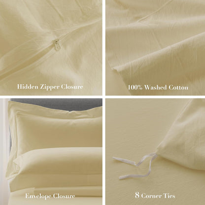 California King Duvet Cover - 3 Piece 100% Washed Cotton Linen Feel Bedding Set, All Season Breathable Cozy, Double Stitched Hem, Hemmed Pale Yellow,104"x98"