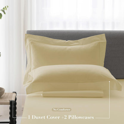 California King Duvet Cover - 3 Piece 100% Washed Cotton Linen Feel Bedding Set, All Season Breathable Cozy, Double Stitched Hem, Hemmed Pale Yellow,104"x98"