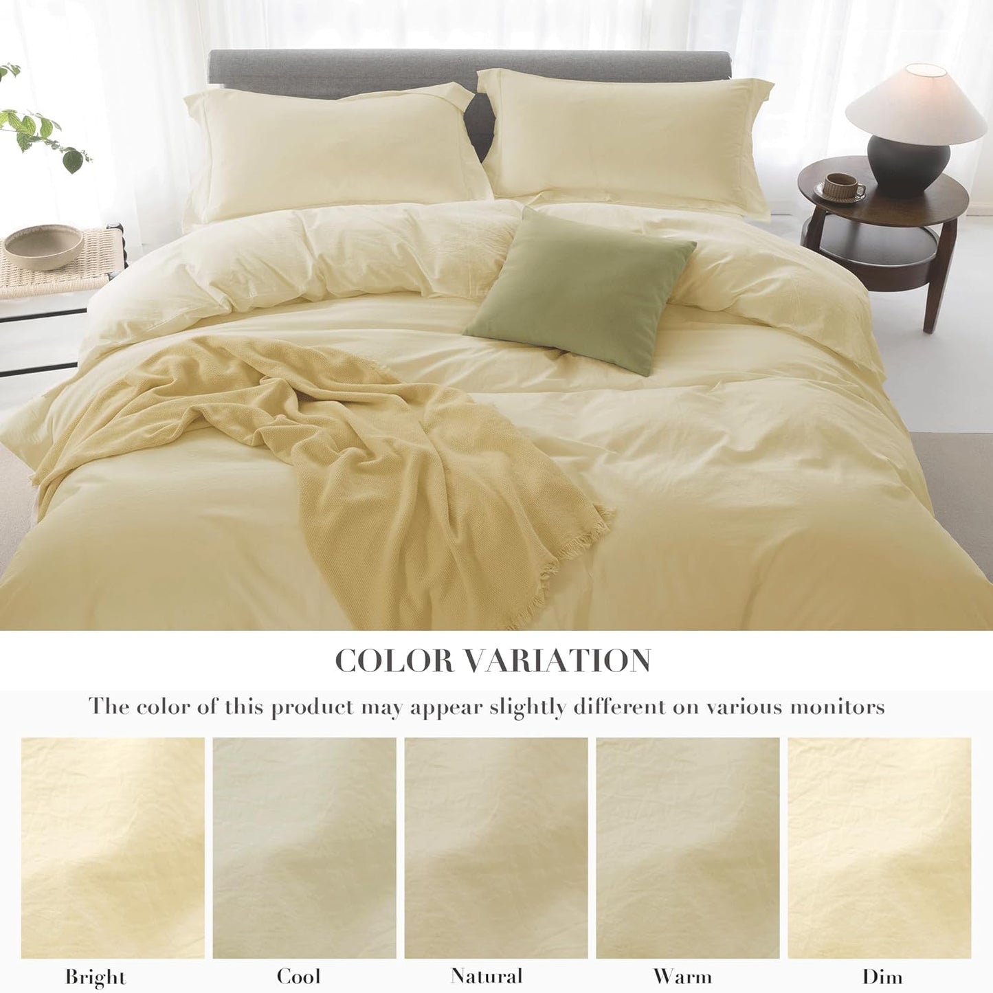 California King Duvet Cover - 3 Piece 100% Washed Cotton Linen Feel Bedding Set, All Season Breathable Cozy, Double Stitched Hem, Hemmed Pale Yellow,104"x98"
