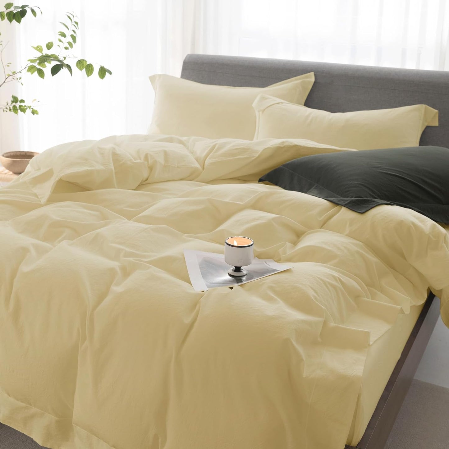 California King Duvet Cover - 3 Piece 100% Washed Cotton Linen Feel Bedding Set, All Season Breathable Cozy, Double Stitched Hem, Hemmed Pale Yellow,104"x98"