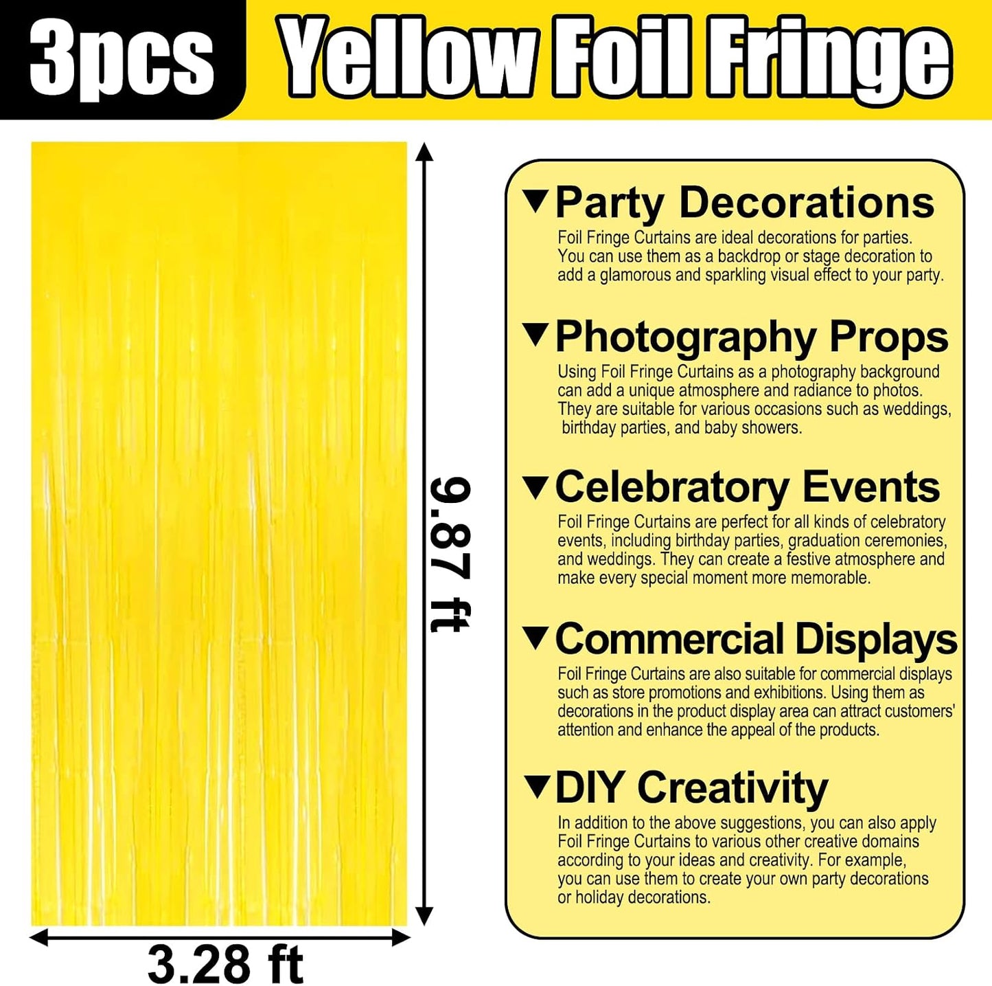 3 Pack Macaron Yellow Foil Fringe Curtain Backdrop, 3.28Ft x 9.8Ft Metallic Tinsel Foil Fringe Streamer Curtains for Photo Booth, Christmas Day, Thanksgiving, Wedding, New Year Party Decorations