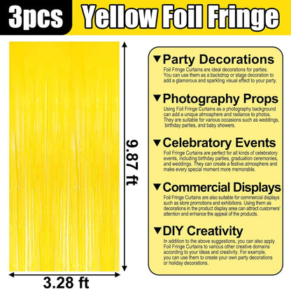 3 Pack Macaron Yellow Foil Fringe Curtain Backdrop, 3.28Ft x 9.8Ft Metallic Tinsel Foil Fringe Streamer Curtains for Photo Booth, Christmas Day, Thanksgiving, Wedding, New Year Party Decorations
