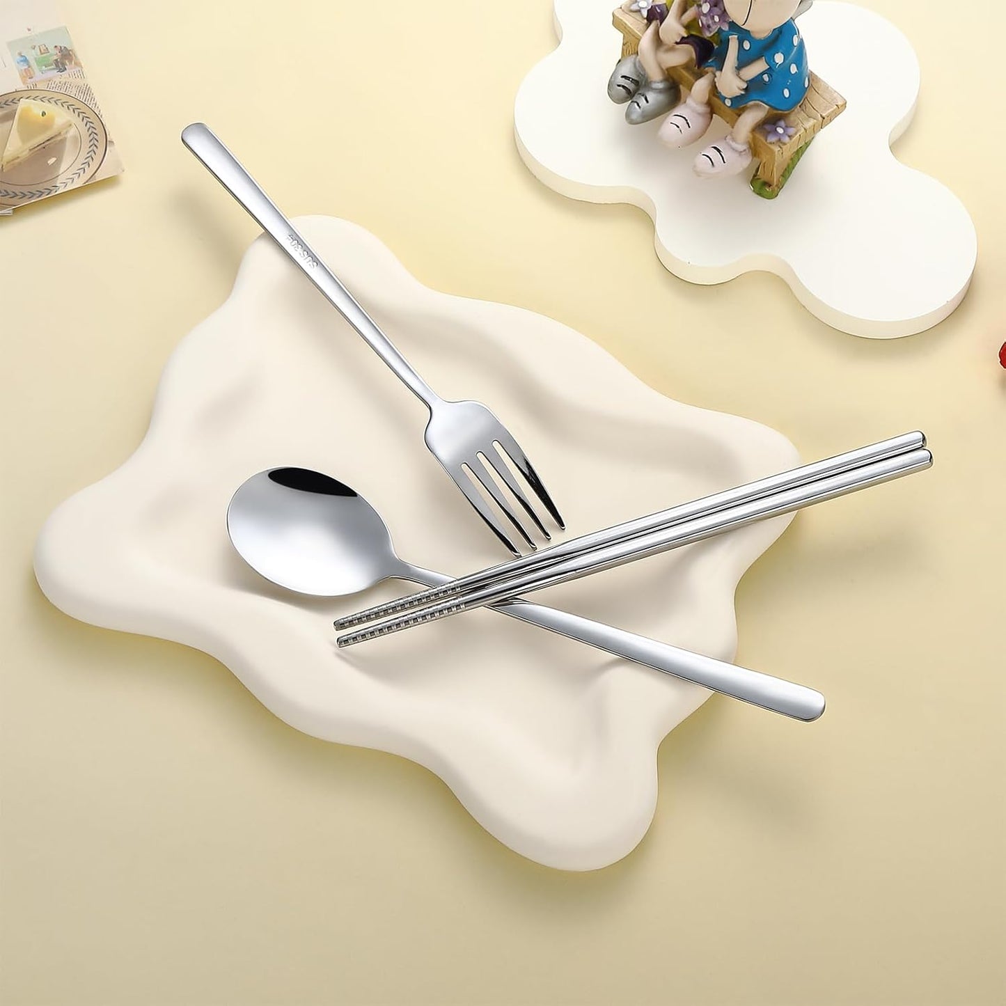 Travel Utensils with Case Cute, Reusable Silverware for Lunch, 4Pcs Portable Cutlery Set, 18/8 Stainless Steel Fork Spoon Chopsticks in Cartoon Case, Dishwasher Safe (Light Yellow)