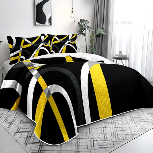 Black and Yellow Bedding Quilt King Size with 2 Shams, Modern Stripe Comforter Sets Classic Line Pattern Lightweight Bedspreads Grey and Yellow Coverlet for Summer, 96''x106''