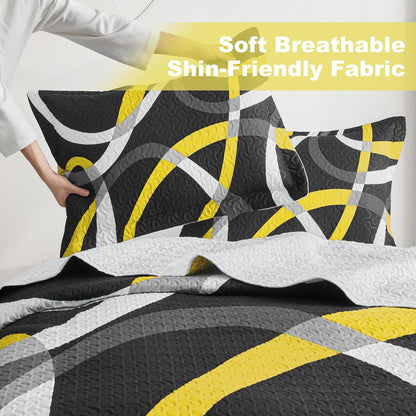 Black and Yellow Bedding Quilt King Size with 2 Shams, Modern Stripe Comforter Sets Classic Line Pattern Lightweight Bedspreads Grey and Yellow Coverlet for Summer, 96''x106''
