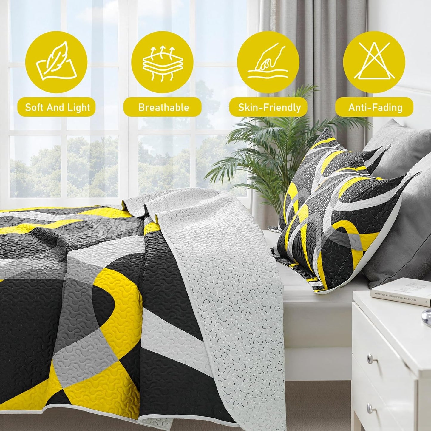 Black and Yellow Bedding Quilt King Size with 2 Shams, Modern Stripe Comforter Sets Classic Line Pattern Lightweight Bedspreads Grey and Yellow Coverlet for Summer, 96''x106''
