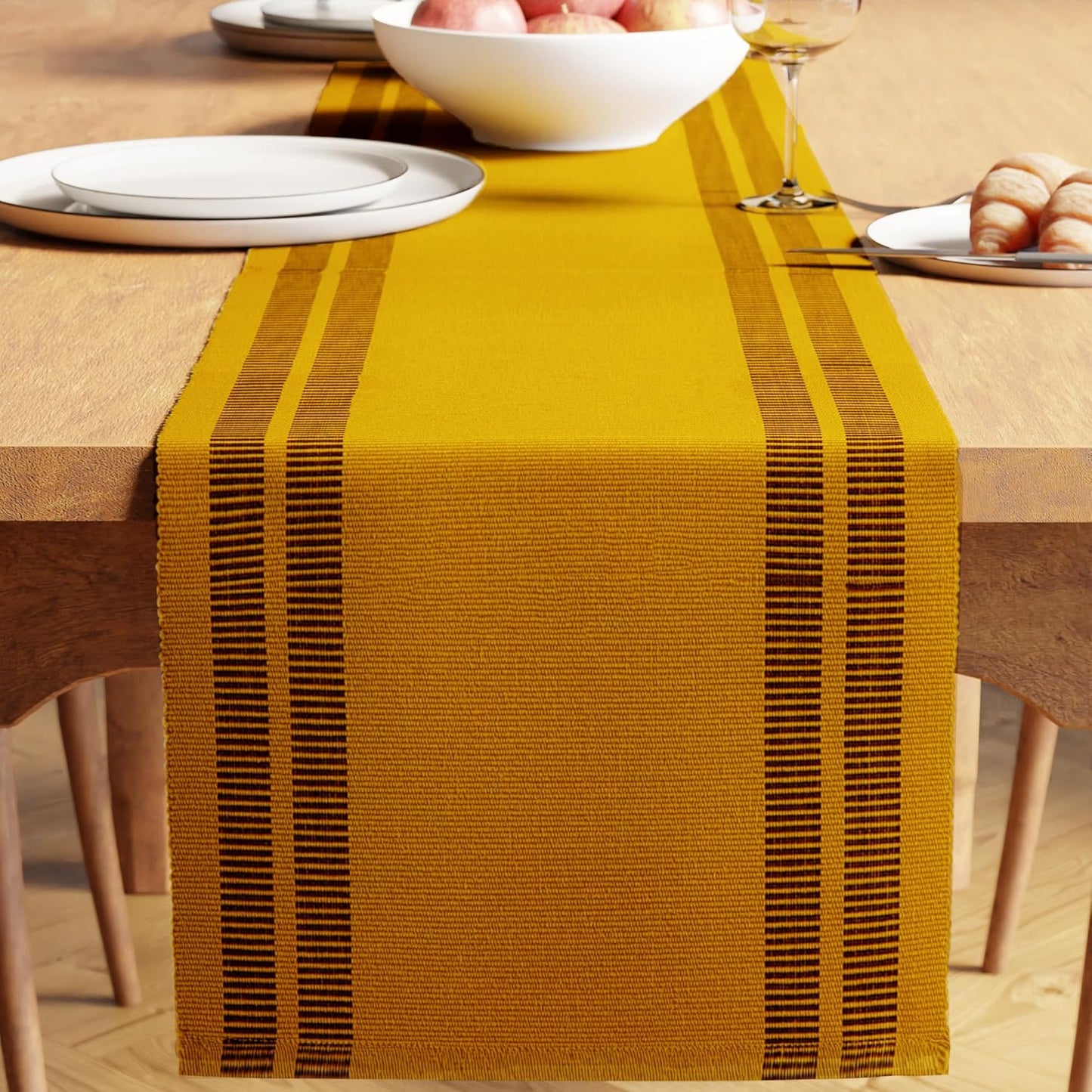 Dining Table Runner 13"x94" | Yarn Dyed Fine Ribbed Cotton | Ladder Yellow | Machine Washable