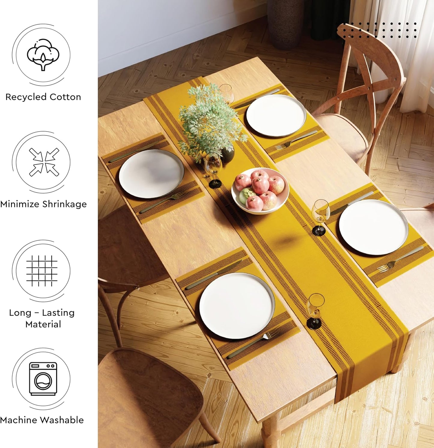 Dining Table Runner 13"x94" | Yarn Dyed Fine Ribbed Cotton | Ladder Yellow | Machine Washable