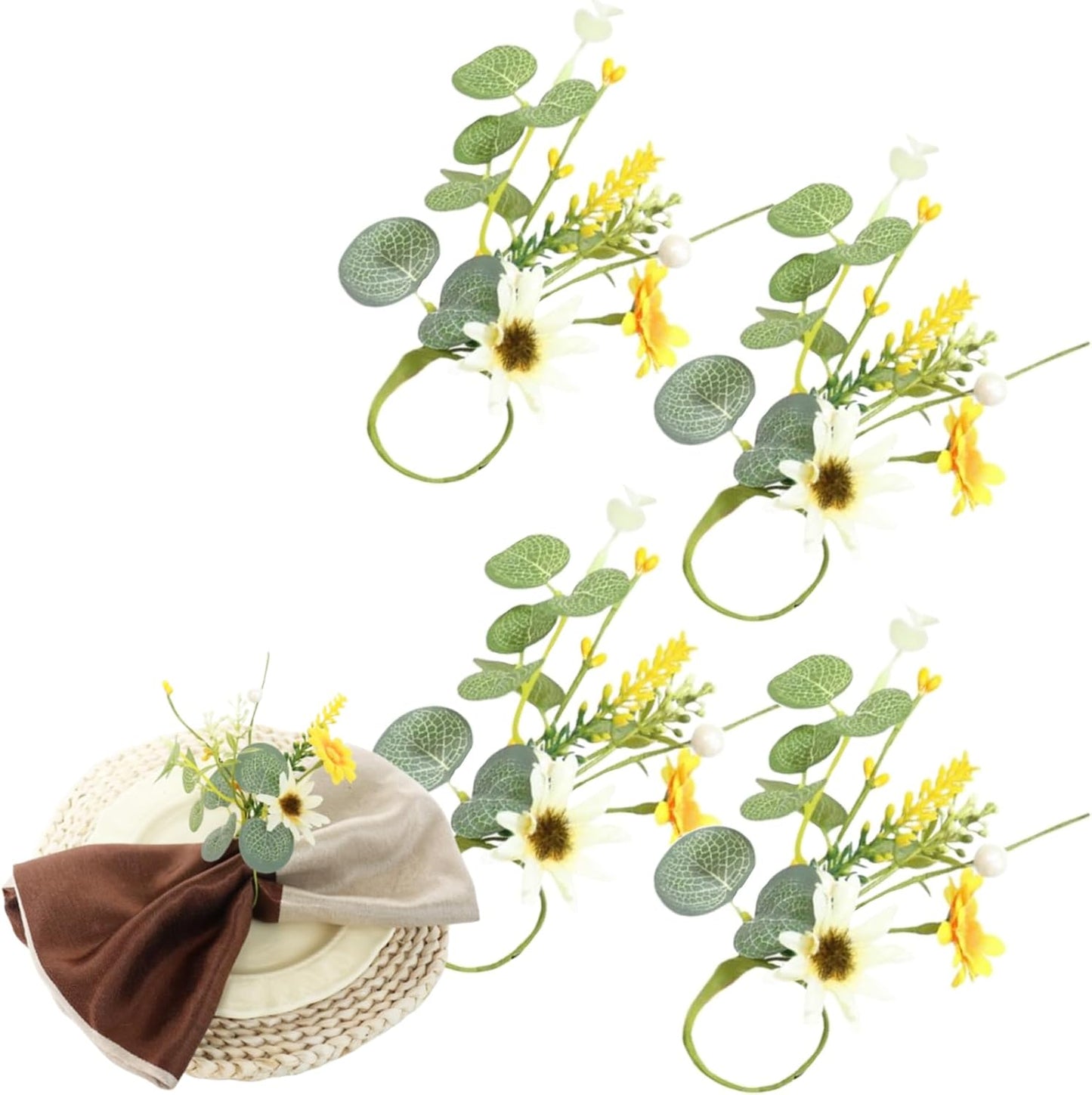 Eucalyptus Leaves Daisies Napkin Rings Green Eucalyptus Leaf Yellow Flower Napkin Buckle Table Decoration for Spring Wedding Party Valentine's Day Festival Decoration Supplies 4 Pcs