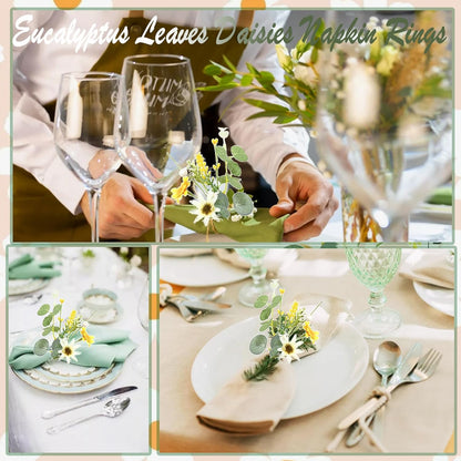 Eucalyptus Leaves Daisies Napkin Rings Green Eucalyptus Leaf Yellow Flower Napkin Buckle Table Decoration for Spring Wedding Party Valentine's Day Festival Decoration Supplies 4 Pcs