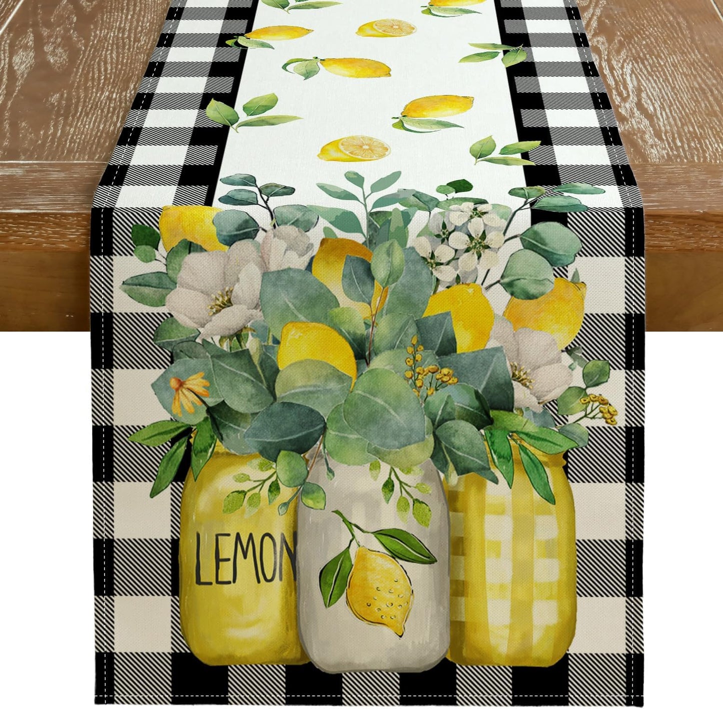 Black Buffalo Check Summer Table Runner 72 Inch, Lemon Vase Spring Farmhouse Rustic Holiday Runners Kitchen Dining Table Decoration for Indoor Outdoor Dinner Party Décor GT109-72