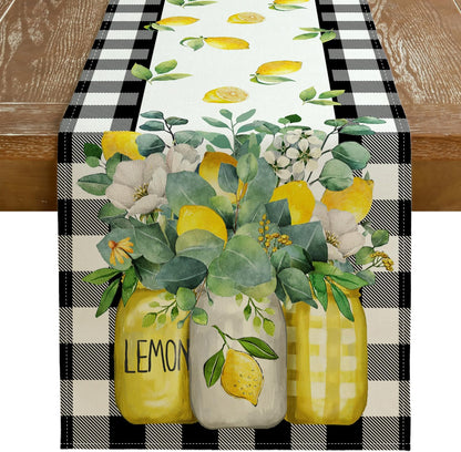 Black Buffalo Check Summer Table Runner 72 Inch, Lemon Vase Spring Farmhouse Rustic Holiday Runners Kitchen Dining Table Decoration for Indoor Outdoor Dinner Party Décor GT109-72