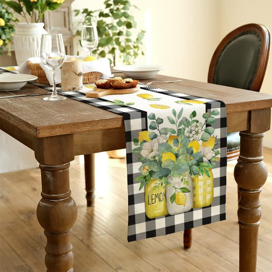 Black Buffalo Check Summer Table Runner 72 Inch, Lemon Vase Spring Farmhouse Rustic Holiday Runners Kitchen Dining Table Decoration for Indoor Outdoor Dinner Party Décor GT109-72