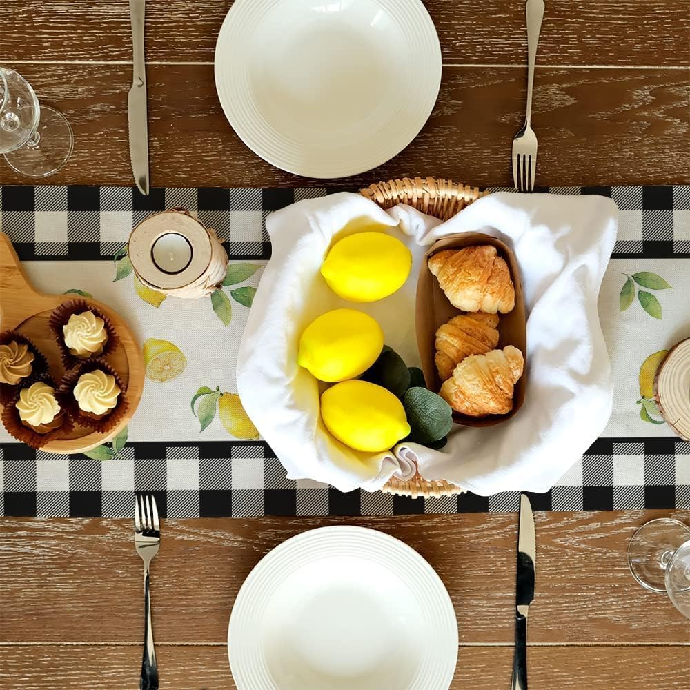 Black Buffalo Check Summer Table Runner 72 Inch, Lemon Vase Spring Farmhouse Rustic Holiday Runners Kitchen Dining Table Decoration for Indoor Outdoor Dinner Party Décor GT109-72
