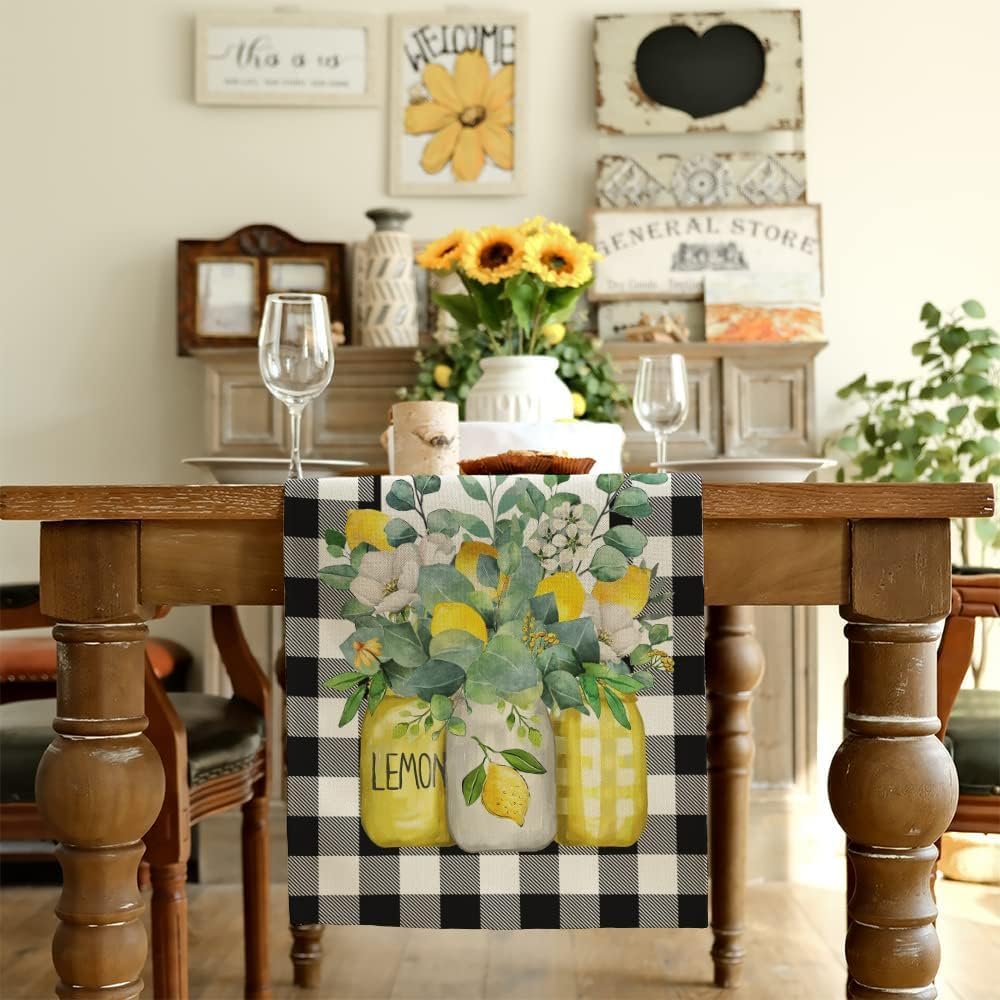 Black Buffalo Check Summer Table Runner 72 Inch, Lemon Vase Spring Farmhouse Rustic Holiday Runners Kitchen Dining Table Decoration for Indoor Outdoor Dinner Party Décor GT109-72