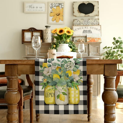 Black Buffalo Check Summer Table Runner 72 Inch, Lemon Vase Spring Farmhouse Rustic Holiday Runners Kitchen Dining Table Decoration for Indoor Outdoor Dinner Party Décor GT109-72