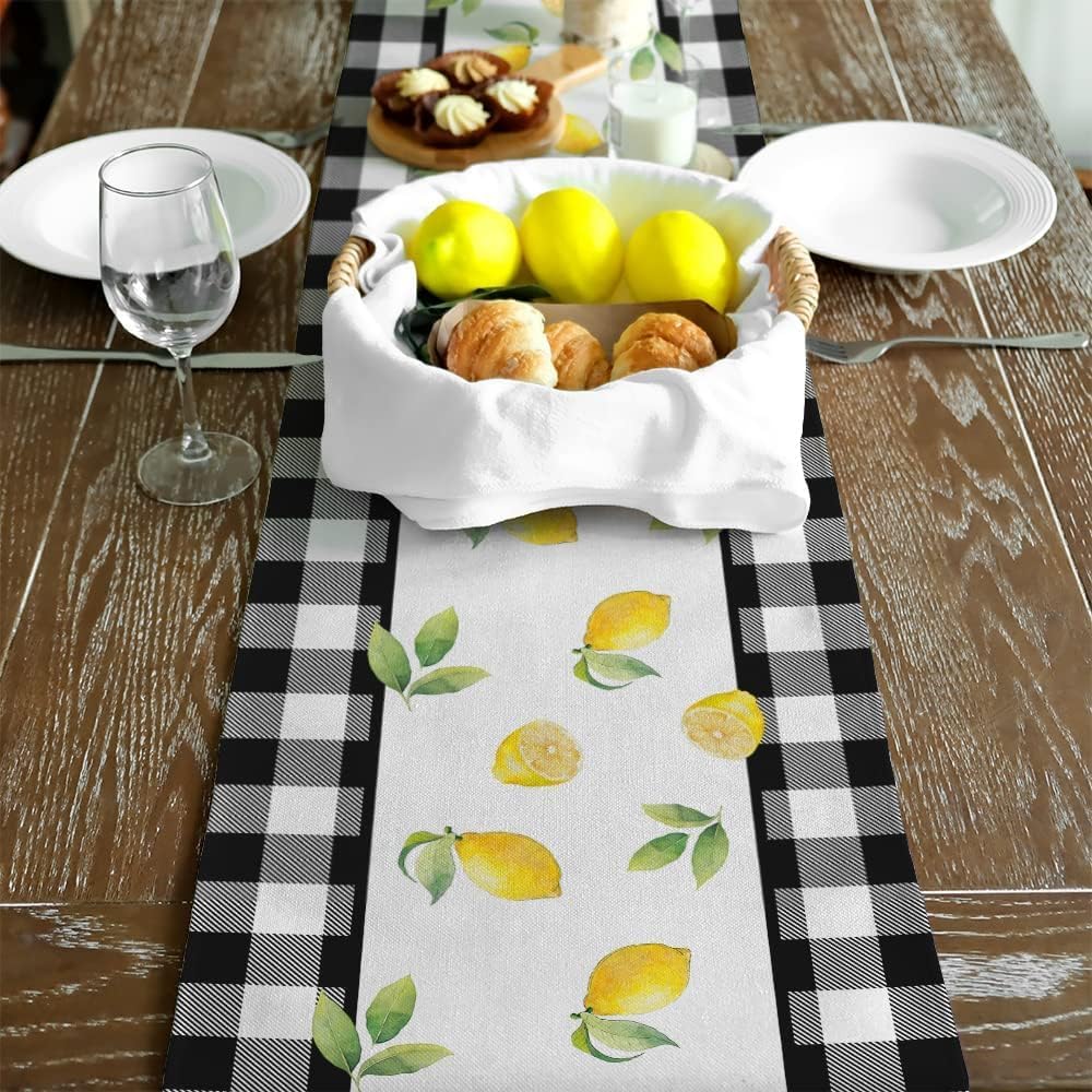 Black Buffalo Check Summer Table Runner 72 Inch, Lemon Vase Spring Farmhouse Rustic Holiday Runners Kitchen Dining Table Decoration for Indoor Outdoor Dinner Party Décor GT109-72