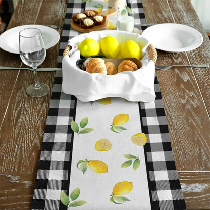 Black Buffalo Check Summer Table Runner 72 Inch, Lemon Vase Spring Farmhouse Rustic Holiday Runners Kitchen Dining Table Decoration for Indoor Outdoor Dinner Party Décor GT109-72
