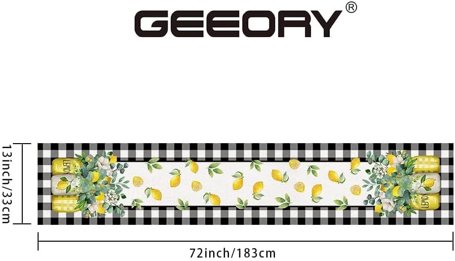 Black Buffalo Check Summer Table Runner 72 Inch, Lemon Vase Spring Farmhouse Rustic Holiday Runners Kitchen Dining Table Decoration for Indoor Outdoor Dinner Party Décor GT109-72