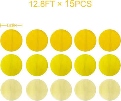 192Ft Yellow Party Decorations Ombre Yellow White Big Polka Dots Backdrop Streamer Gradient Yellow Tissue Paper Circle Dot Hanging Garland for Lemon Bee Sunflower Birthday Party Supplies