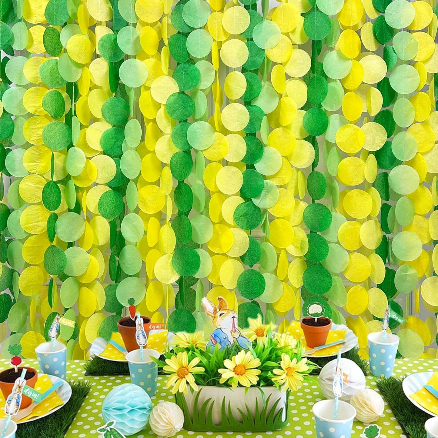 192Ft Yellow Party Decorations Ombre Yellow White Big Polka Dots Backdrop Streamer Gradient Yellow Tissue Paper Circle Dot Hanging Garland for Lemon Bee Sunflower Birthday Party Supplies