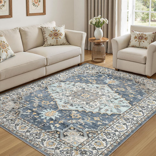 5x7 Washable Area Rugs for Living Room: Non Slip Vintage Blue Yellow Rug, Large Soft Stain Resistant Indoor Floor Carpets for Bedroom Dining Room Nursery Home Office Kid & Pet Friendly