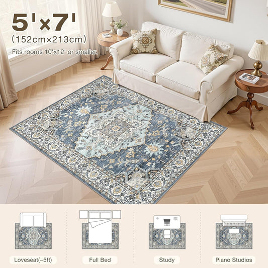 5x7 Washable Area Rugs for Living Room: Non Slip Vintage Blue Yellow Rug, Large Soft Stain Resistant Indoor Floor Carpets for Bedroom Dining Room Nursery Home Office Kid & Pet Friendly