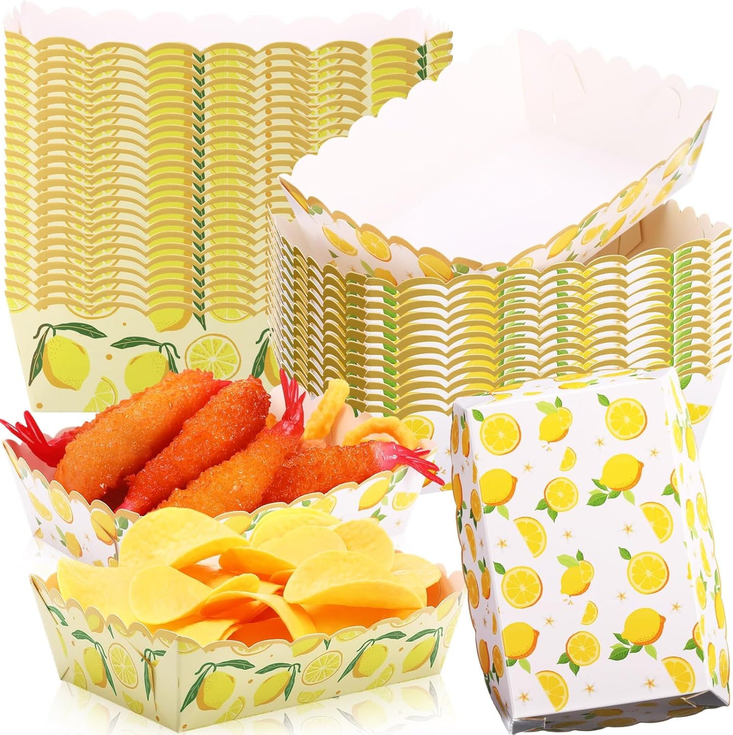 50 Pcs Lemon Paper Food Trays Disposable Fruit Plates Food Boat Snack Hot Dog Nacho Trays for Berry Lemon First Birthday Baby Shower Party Decoration Supplies Favor
