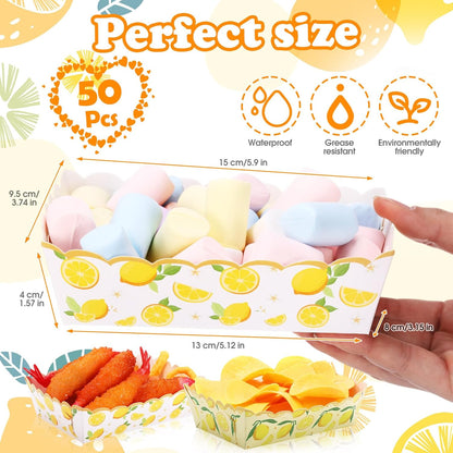 50 Pcs Lemon Paper Food Trays Disposable Fruit Plates Food Boat Snack Hot Dog Nacho Trays for Berry Lemon First Birthday Baby Shower Party Decoration Supplies Favor