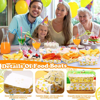 50 Pcs Lemon Paper Food Trays Disposable Fruit Plates Food Boat Snack Hot Dog Nacho Trays for Berry Lemon First Birthday Baby Shower Party Decoration Supplies Favor