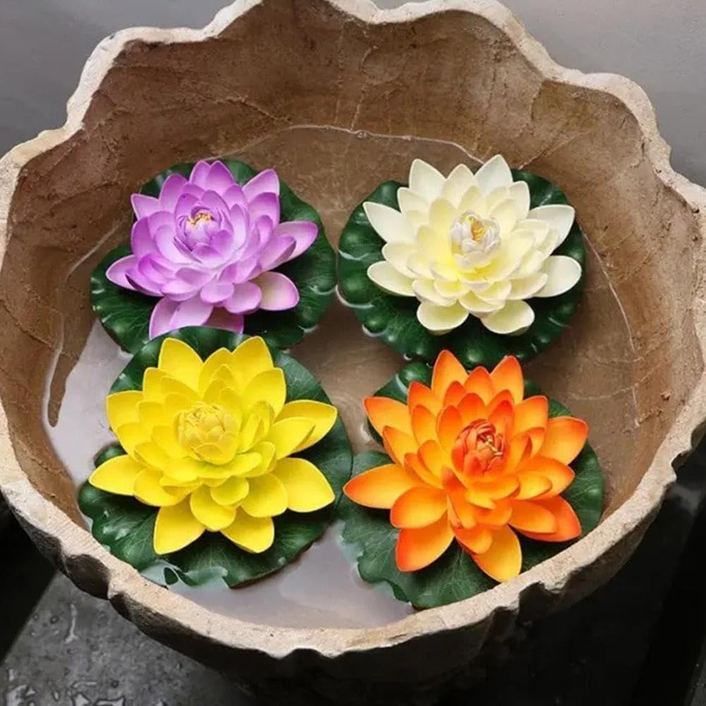 Artificial Floating Foam Lotus Flower with Water Lily Pad,Lifelike Pond Pool Lotus Ornaments,Realistic Ornament for Home Garden Pond Aquarium Decor，Artificial Plants and Flowers (Yellow)