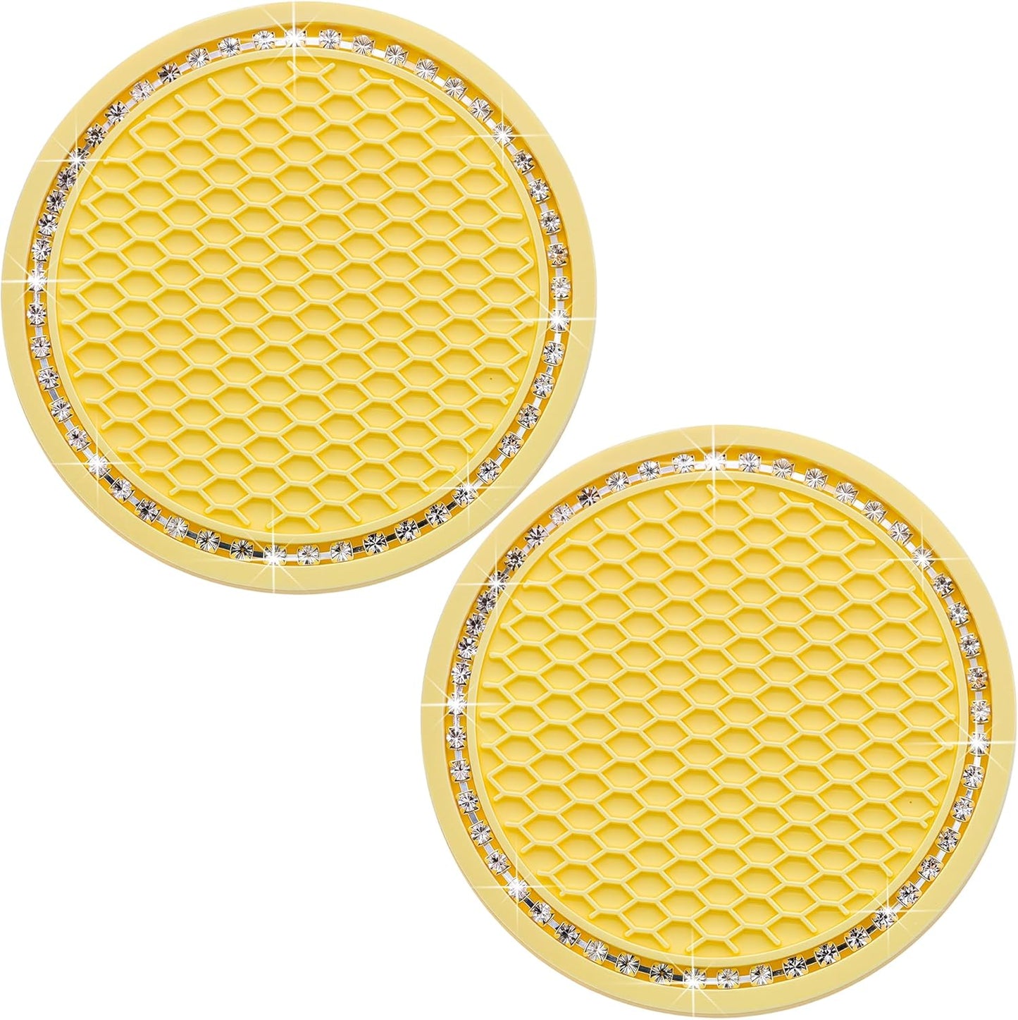 2PCS Bling Cup Holder Coaster, 2.75 Inch Auto Car Cup Holder Insert Coasters, Soft Silicone Anti-Slip Shockproof, Universal Vehicle Interior Accessories for Women Girls (Yellow & White)