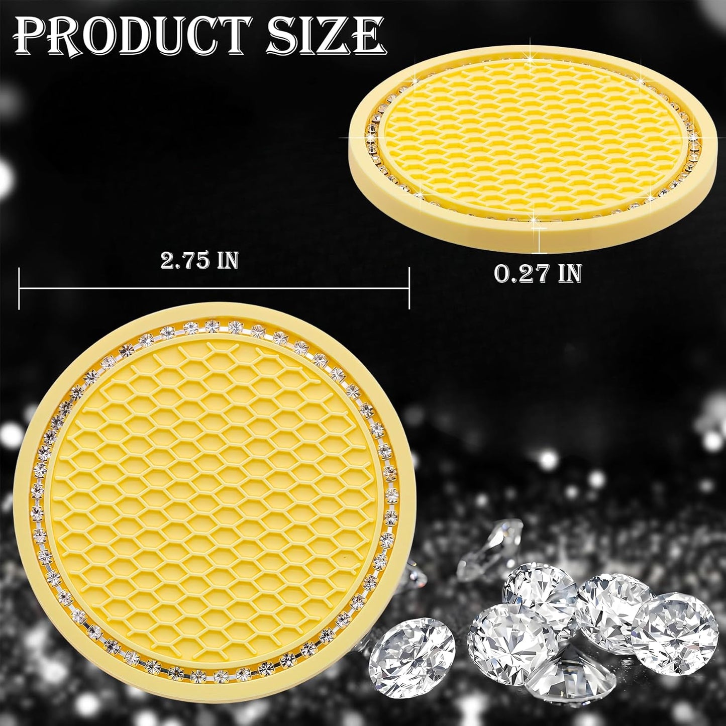 2PCS Bling Cup Holder Coaster, 2.75 Inch Auto Car Cup Holder Insert Coasters, Soft Silicone Anti-Slip Shockproof, Universal Vehicle Interior Accessories for Women Girls (Yellow & White)