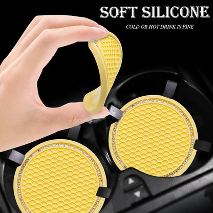 2PCS Bling Cup Holder Coaster, 2.75 Inch Auto Car Cup Holder Insert Coasters, Soft Silicone Anti-Slip Shockproof, Universal Vehicle Interior Accessories for Women Girls (Yellow & White)