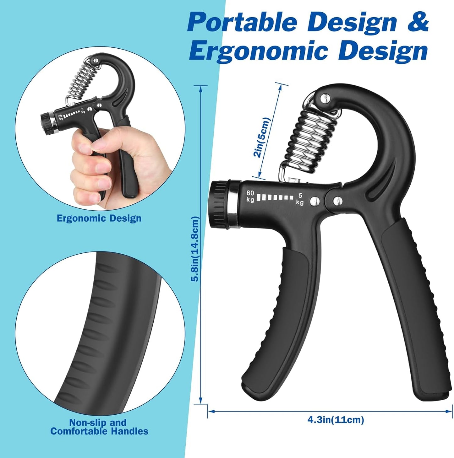 Grip Strength Trainer, Hand Grip Exerciser Strengthener with Adjustable Resistance 11-132 Lbs (5-60kg), Forearm Strengthener, Hand Exerciser for Muscle Building and Injury Recover 1 PACK